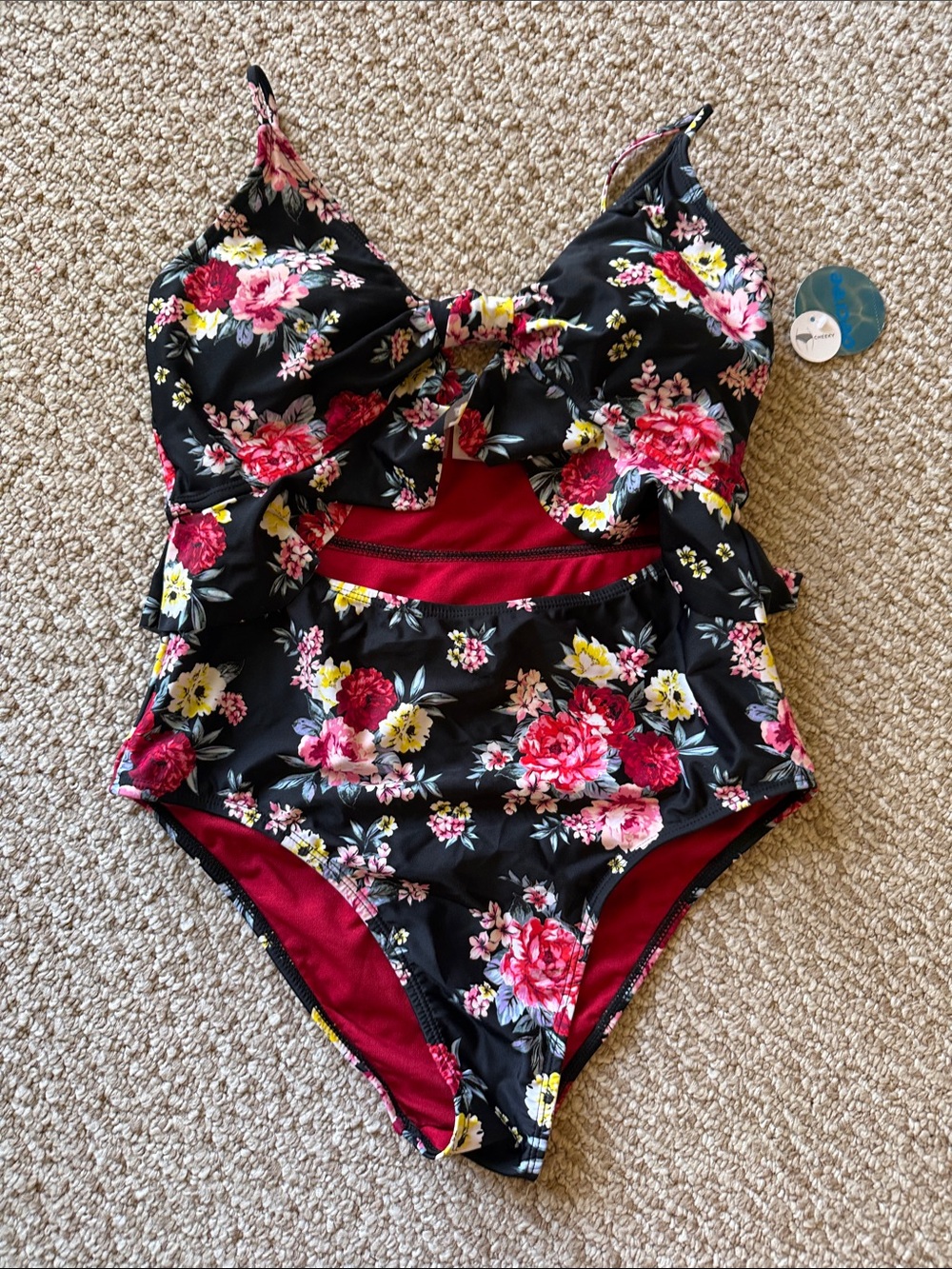 Black Floral One-Piece Swimsuit with Red Lining